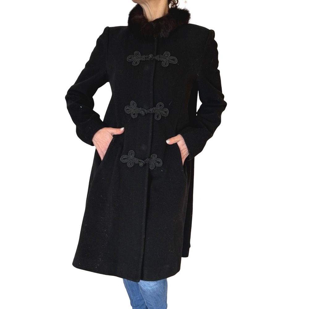 Vtg.  Albert Nipon Black Wool Fox Fur Trim Dress Coat Toggle Button Overcoat 6